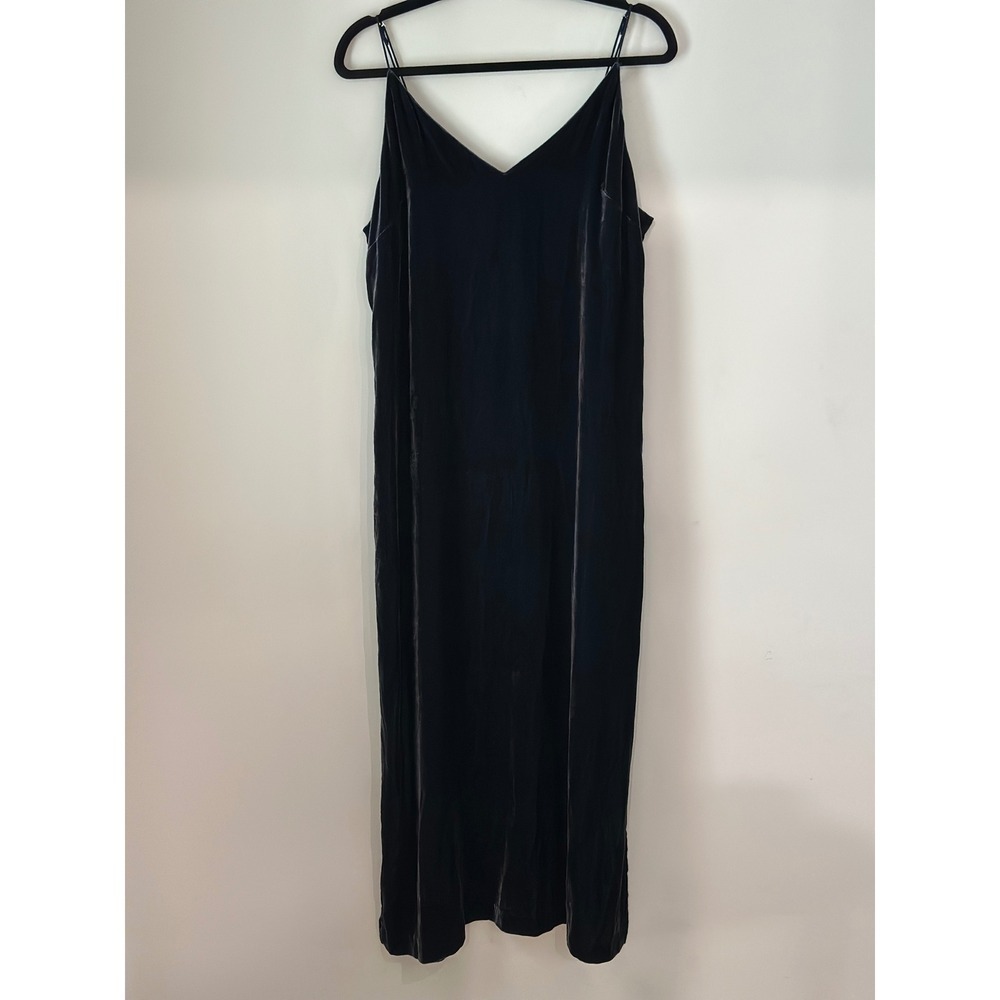 H&M Navy Blue Silk Blend Velvet Slip Midi Dress V-Neck Spaghetti Strap Womens 14